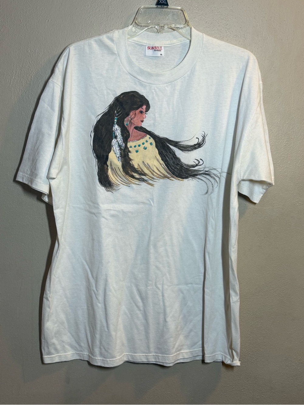 Vintage Sunbelt White Graphic Tee with Native Woman Illustration Sz XL